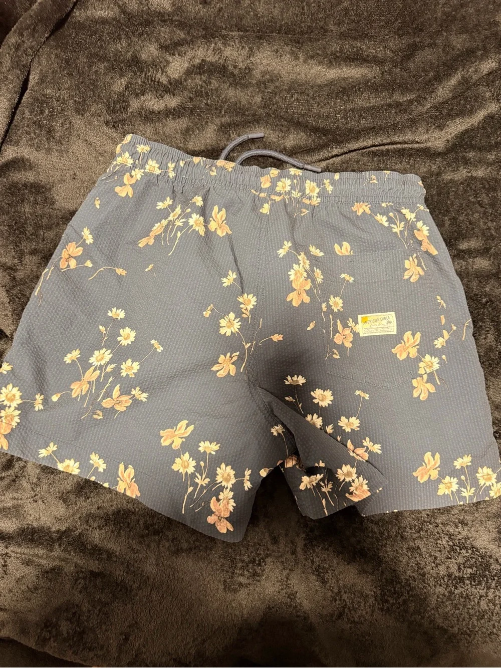 American Eagle Outfitters Navy Floral Print Swim Trunks with Yellow Flowers